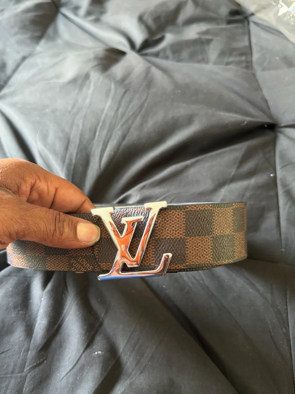 Brown damier Logo Buckle Belt